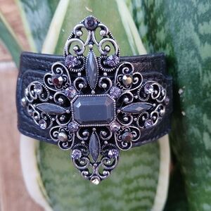 Leather Cuff Bracelet Adjustable Black and Silver Filigree Cross Boho Gothic